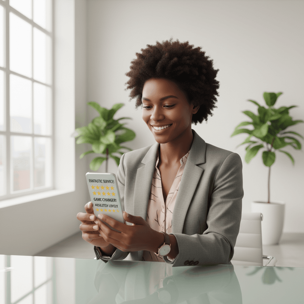 Professional woman reviewing positive customer reviews on desktop monitor