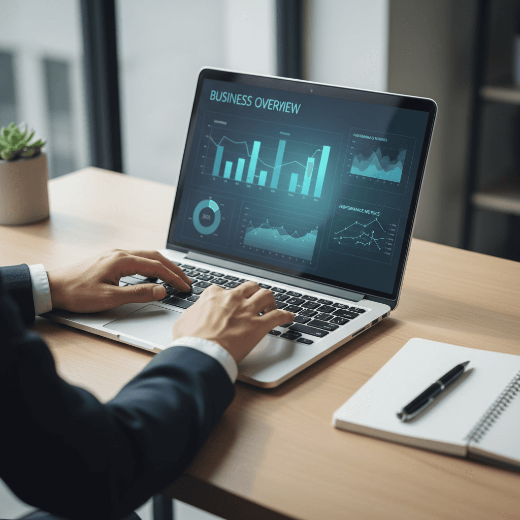 Digital marketing professional reviewing analytics on laptop at modern dark desk