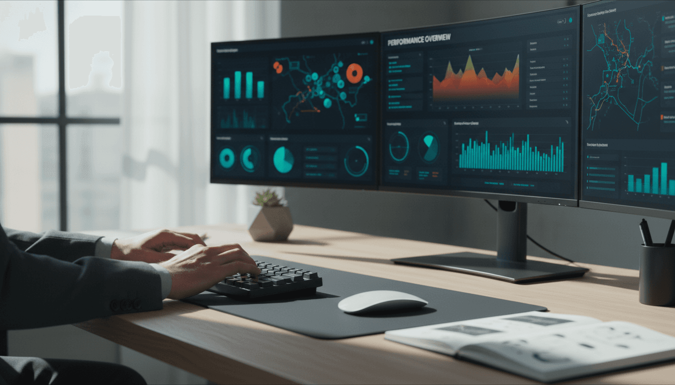 Professional analyzing digital marketing metrics on multiple monitors