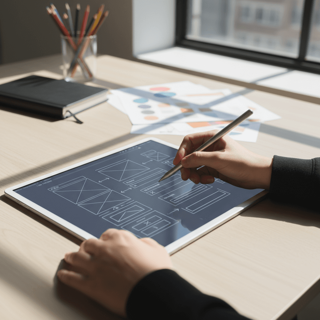 Designer sketching digital strategy framework and campaign wireframes